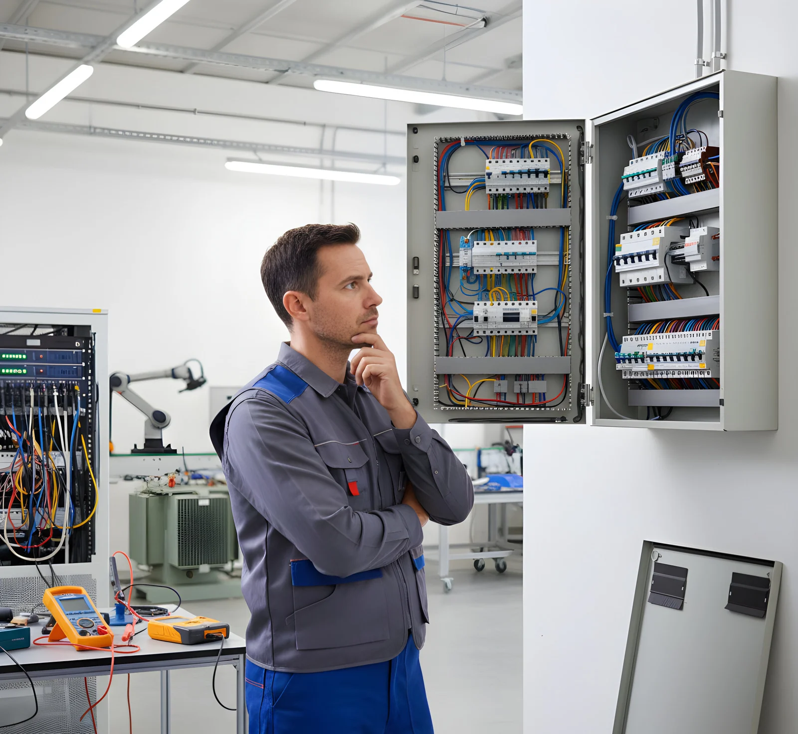 Inżynier AKS PRIME analizujący schemat nowoczesnej rozdzielni elektrycznej przed rozpoczęciem prac montażowych. Widoczny profesjonalny sprzęt pomiarowy.